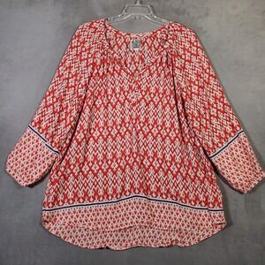 Beach Lunch Lounge‎ Top Womens 2X Red Ikat Print Peasant Long Sleeve Boho Artsy